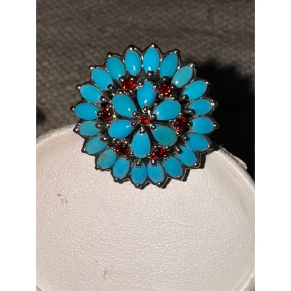 925‎ Sterling Silver Turquoise Garnet Flower Ring Cluster Statement Ring - Picture 6 of 9